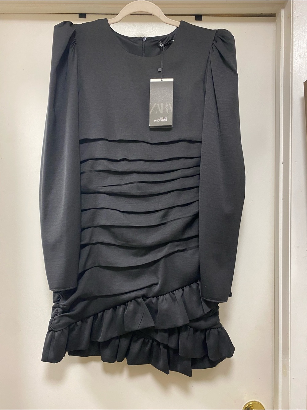 Zara Black Long-Sleeve Pleated & Ruffle Mini Dress